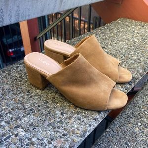 ALDO suede peep toe slip on square heeled mules 🧸